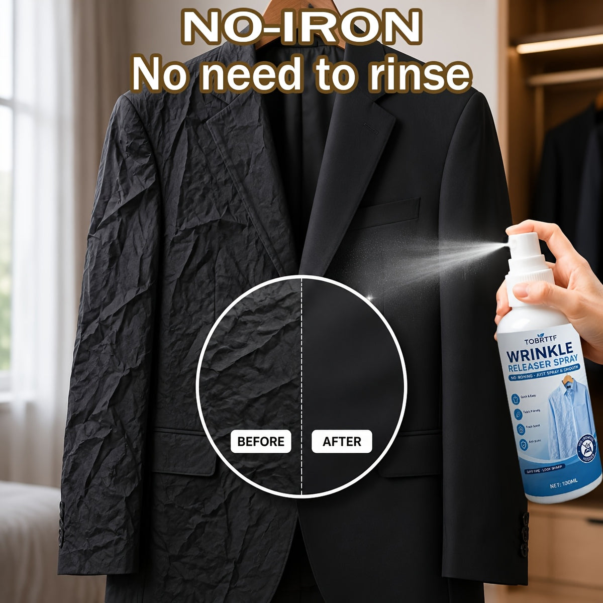 Wrinkle Remover Spray for Clothes 3.38oz, No-Iron Fabric Refresher & Wrinkle Release Spray, Quick Smoothing Clothing Care for Travel, Business, Dress Shirts, Suits & Everyday Fabrics