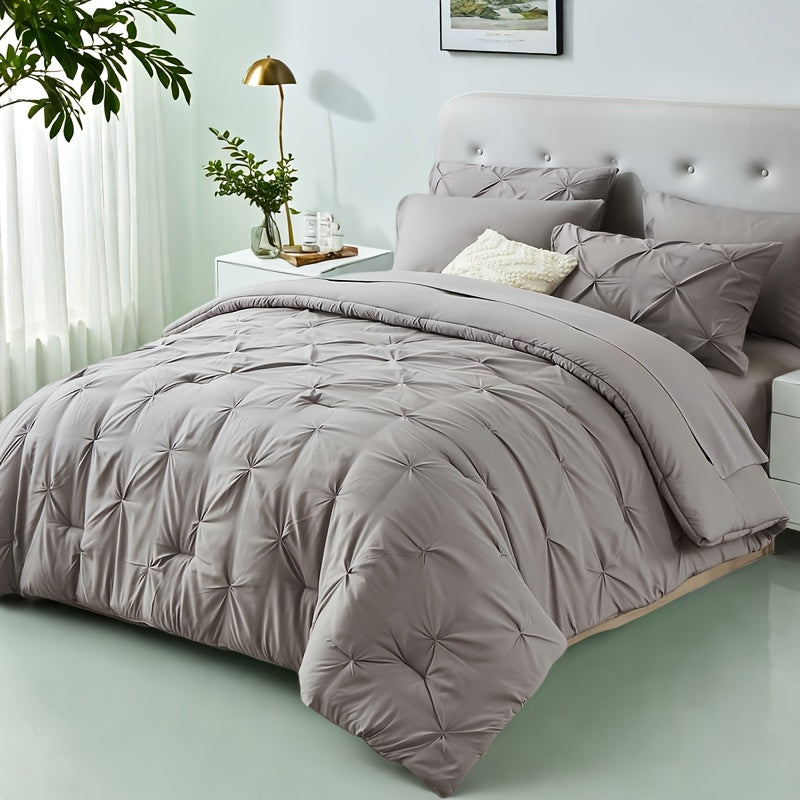 Luxury Pleated Comforter Set 5/7 Pcs – Soft Plush Fiber Fill, Quilted Comforter, Fitted Sheet, Flat Sheet, Pillowcases & Shams, Twin Full Queen King Year-Round Bedding