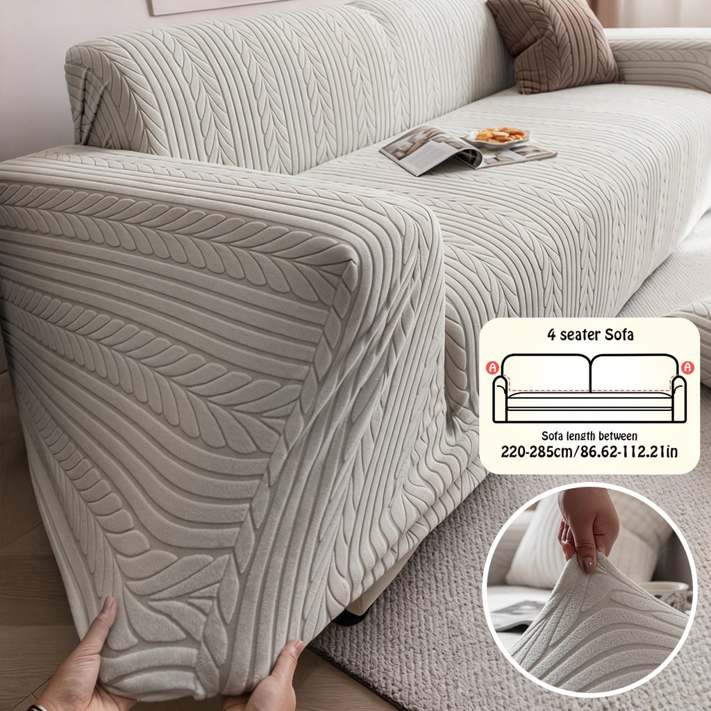 Striped Stretch Sofa Cover 1pc – Washable Non-Slip Scratch-Resistant All-Season Sofa Slipcover for 1 2 3 4 Seater, White Sawtooth Textured Fabric Couch Protector for Living Room Home Decor