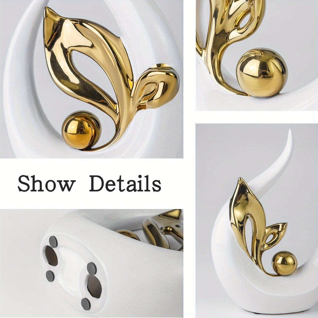 White Gold Ceramic Abstract Art Statue Set of 2 – Handcrafted Resin Sculpture Decor for Living Room, TV Cabinet & Wine Cabinet – Light Luxury Modern Home Decorations Centerpiece