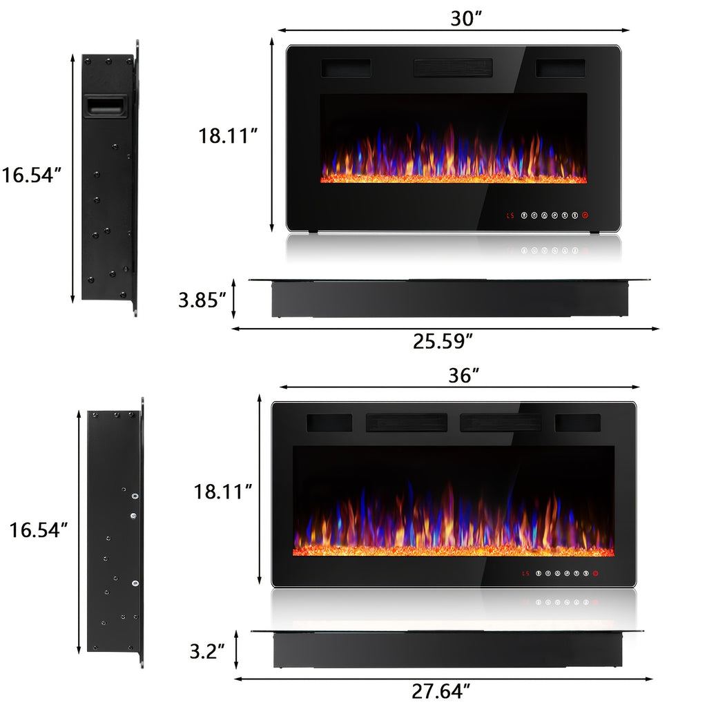 Vitesse Ultra-Thin Electric Fireplace In-Wall Recessed & Wall Mounted Linear Heater Multicolor Flame Timer 750W/1500W Touch Screen Remote Control