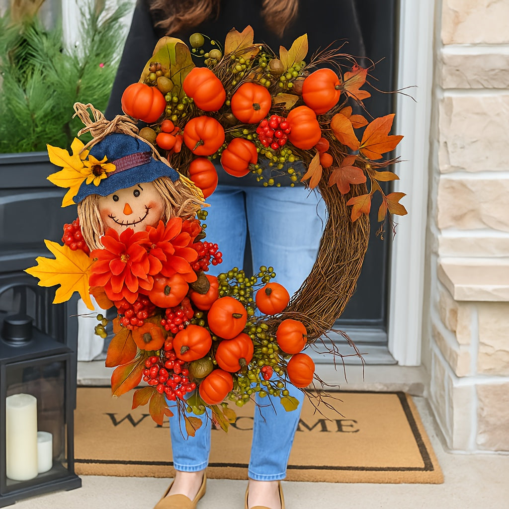 Fall Thanksgiving Wreath Decor – Pumpkin Leaves Floral Doll Autumn Wreath for Front Door, Indoor & Outdoor Walls, Windows, Family & Holiday Party, Christmas Winter Home Decor