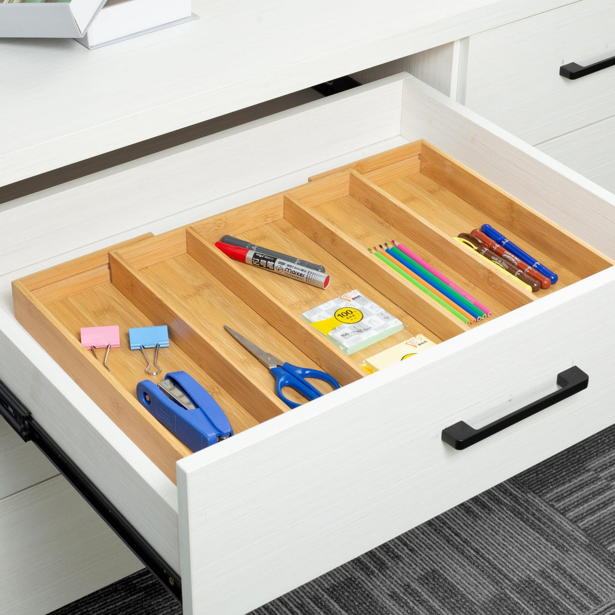 Bamboo Expandable Kitchen Drawer Organizer – 9-Compartment Adjustable Utensil Tray for Silverware, Forks, Spoons & Knives