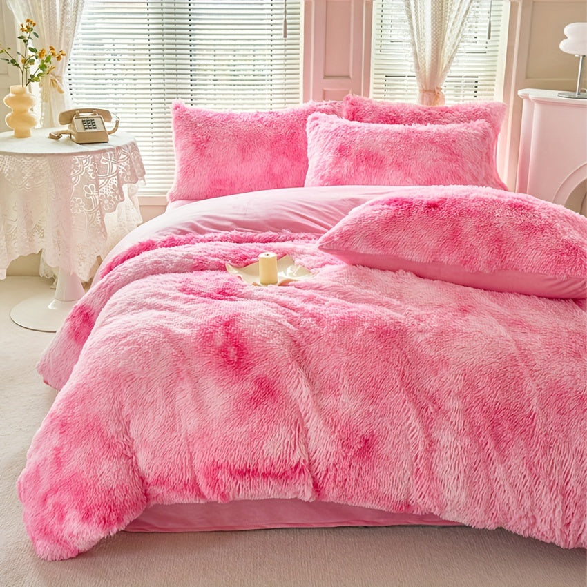 3-Piece Tie-Dye Long Plush Duvet Cover Set 1 Duvet Cover + 2 Pillowcases Zip Closure Machine Washable All-Season Elegant Bedroom Pink Khaki Light Gray Twin Full Queen King