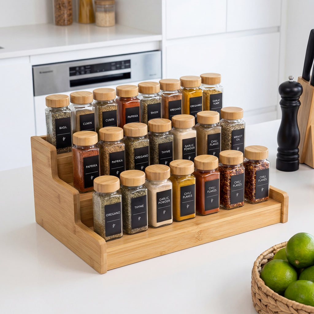 Glass Spice Jars Set with Acacia Wood Lids - 4oz Square Spice Bottles with Shaker Lids, Labels & Grinders for Kitchen Spice Storage and Organization