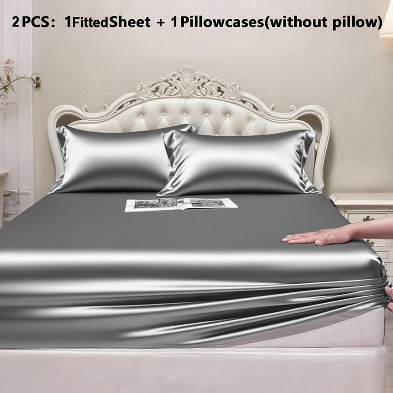 Luxury Satin Fitted Sheet Set with Pillowcases, 3000TC Silky Smooth Cooling Breathable Bed Sheets, Wrinkle-Resistant Machine Washable, Twin Full Queen King for Hot Sleepers, Adults & Kids — White Black Burgundy Gray Blue Purple
