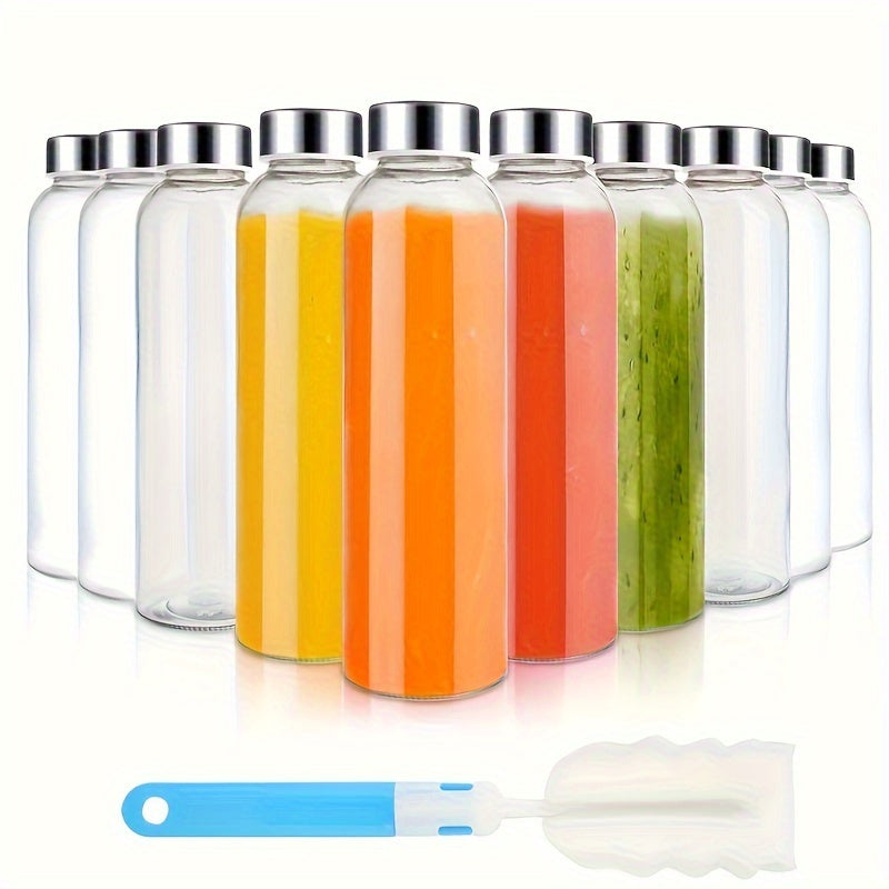 Glass Juice Bottles Bulk Set of 10 with Stainless Steel Lids – 18oz Clear BPA-Free Leak-Proof Reusable Glass Water Bottles for Juicing, Meal Prep & Storage