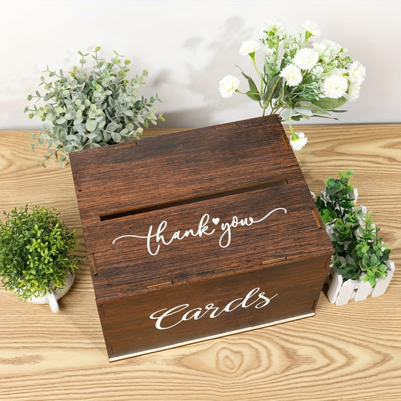 Wedding Card Box with Lid Rustic Faux Wood, Boho Dark Brown Rectangular Gift Card Holder with Slot for Wedding, Bridal Shower, Graduation, Anniversary, Baptism & Party Decorations, Keepsake Organizer