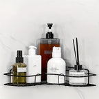 Wall-Mounted Corner Bathroom Storage Rack Set 7-Piece No-Drill Triangular Shelf with 5 Transparent Hooks, Space-Saving Bathroom Organizer for Shower, Toilet & Kitchen – White & Black