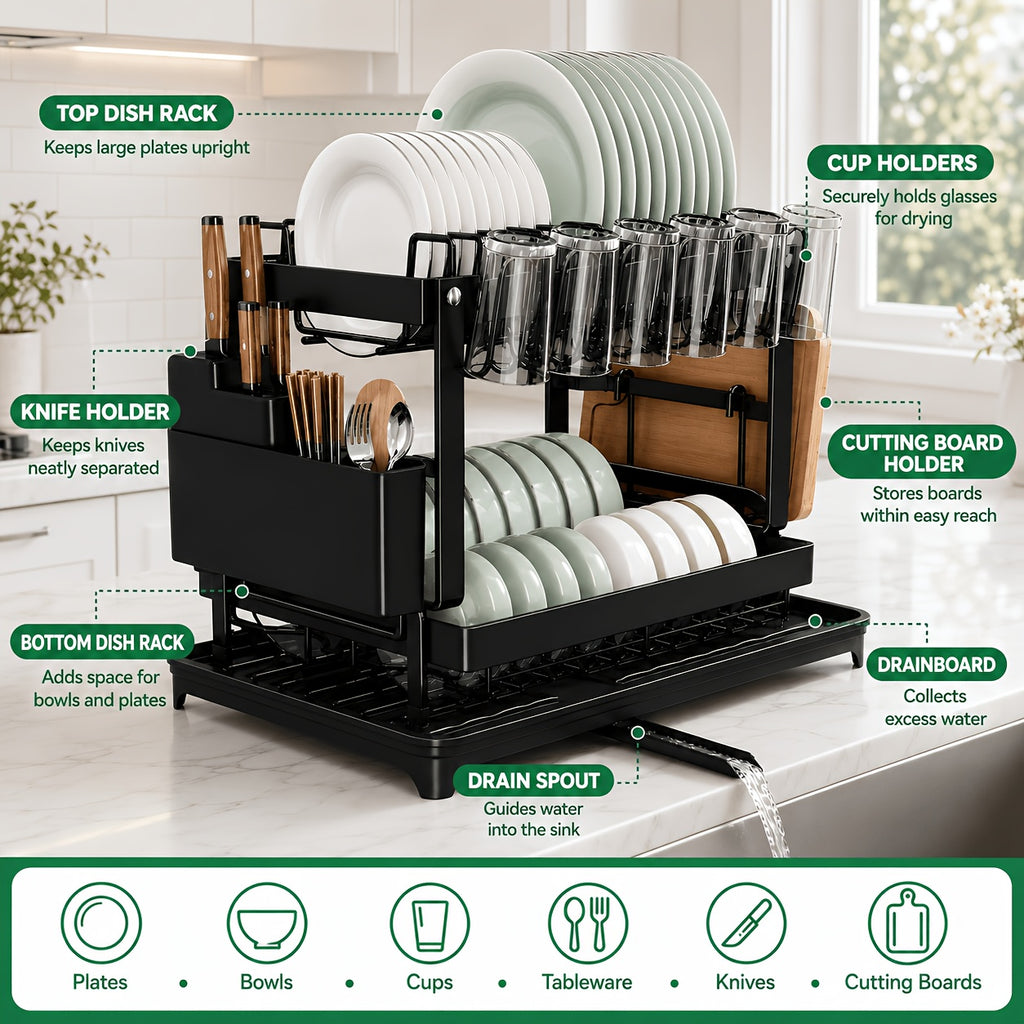 2-Tier Dish Drying Rack with Drainboard – Black Metal Two-Level Dish Drainer with Drainage for Kitchen Counter, Standing Dish Holder Organizer Shelf for Plates, Cups & Utensils