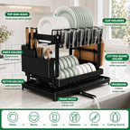 2-Tier Dish Drying Rack with Drainboard – Black Metal Two-Level Dish Drainer with Drainage for Kitchen Counter, Standing Dish Holder Organizer Shelf for Plates, Cups & Utensils