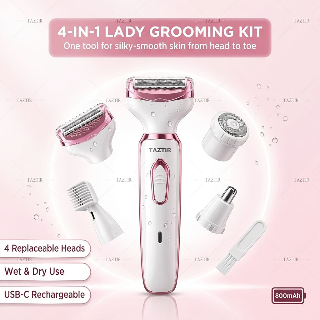 4-in-1 Electric Shaver for Women Rechargeable Grooming Kit Wet Dry Painless Lady Razor for Face Nose Legs Underarm Bikini Trimmer Luxury Gift Set