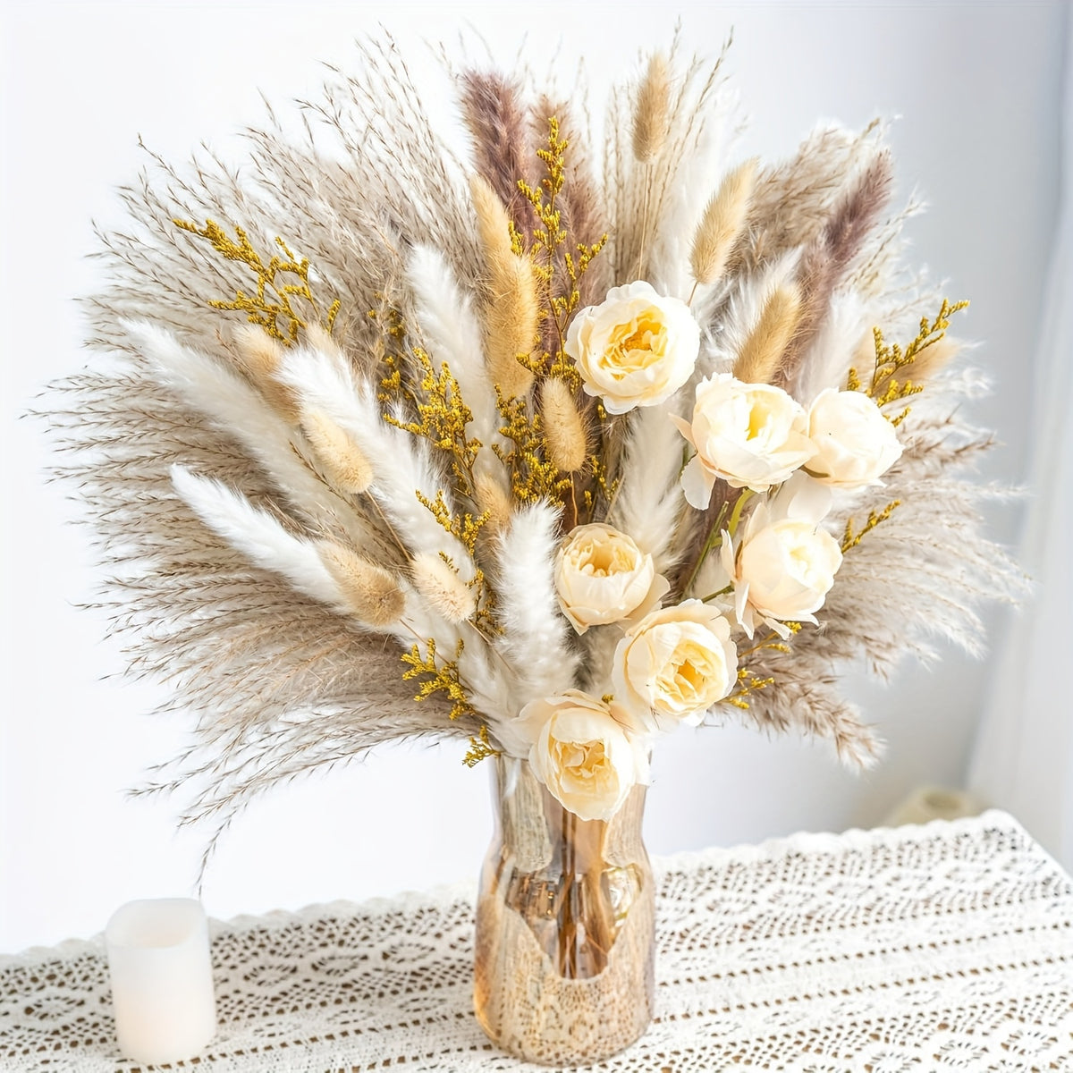 Dried Pampas Grass Bouquet with Artificial White & Beige Roses – 51 or 91 Piece Large Boho Floral Arrangement for Wedding, Home & Farmhouse Centerpiece, Rustic Table Decor (No Vase Included)
