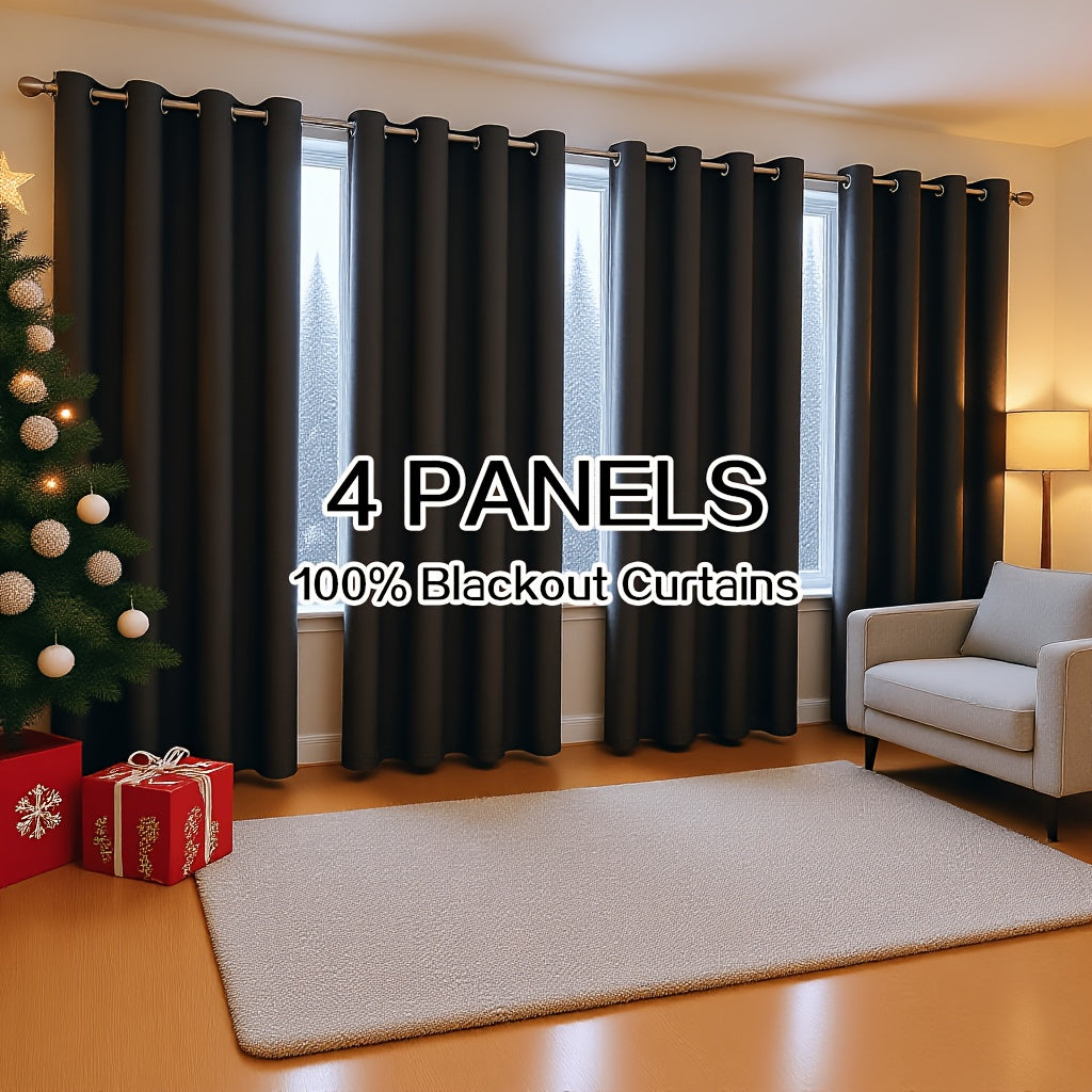 Rod Pocket Blackout Curtains 4 Panels Heavy Duty Coated Lining for Bedroom, Living Room & Office – Modern Room Darkening Thermal Drapes, 2 Sizes