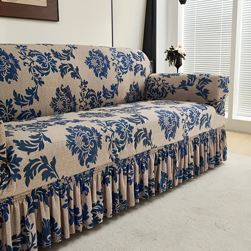 Printed Skirt Design Sofa Cover with Anti-Slip Fixing Rods – High Elasticity Four-Season Fiber Slipcover Keeps Sofa Neat & Beautiful