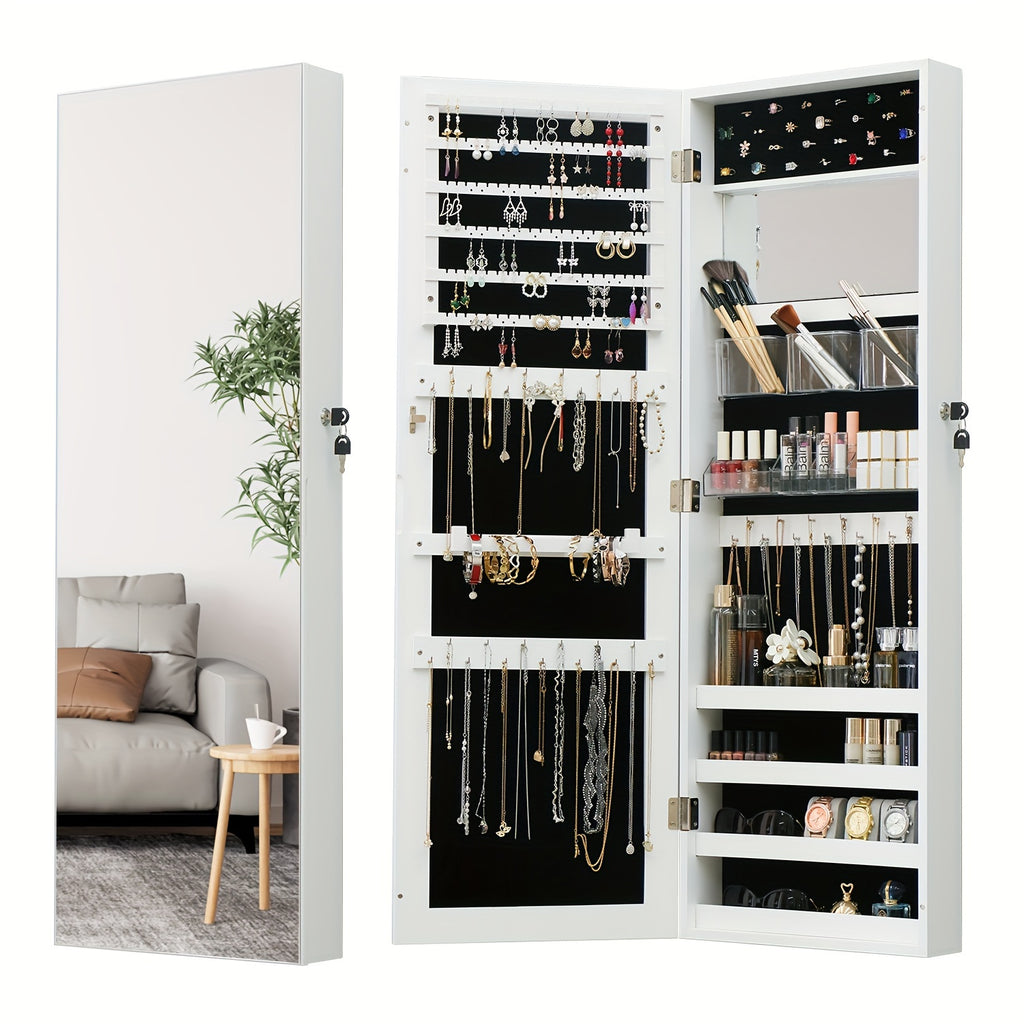 Full Length Mirror Jewelry Armoire Cabinet 2-in-1 Lockable Over-the-Door Organizer with Jewelry Storage for Makeup Accessories – Hanging Mirror with Baskets Bins Hooks for Bedroom