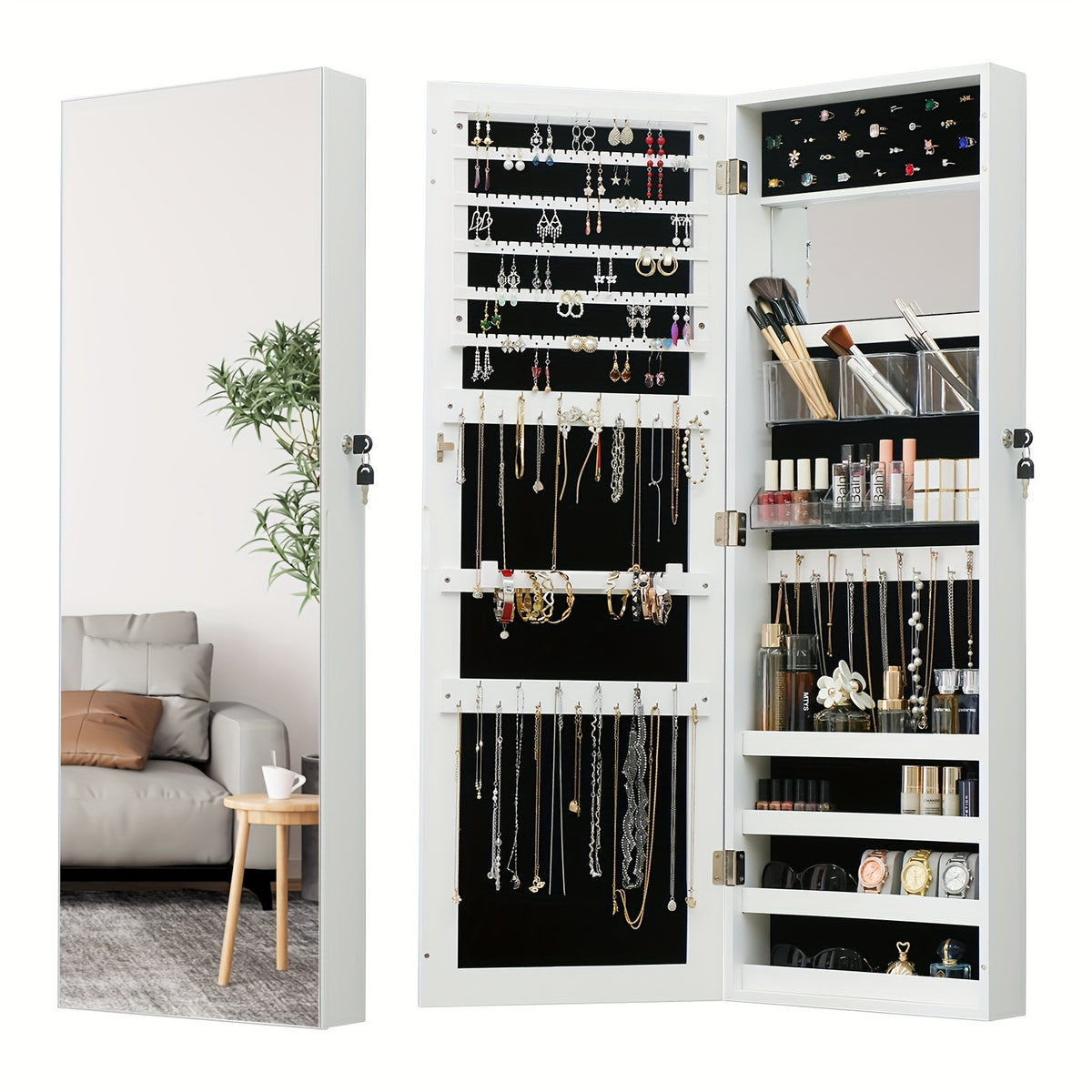 Full Length Mirror Jewelry Armoire Cabinet 2-in-1 Lockable Over-the-Door Organizer with Jewelry Storage for Makeup Accessories – Hanging Mirror with Baskets Bins Hooks for Bedroom