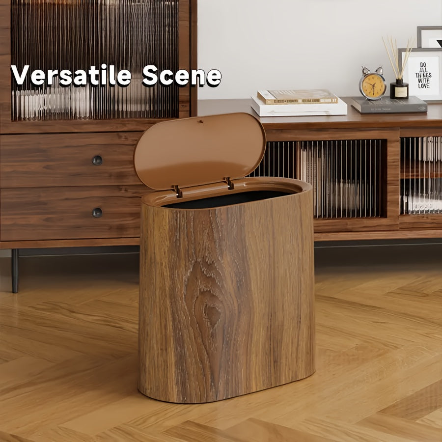 Marble & Wood Grain Plastic Waste Bin with Built-In Handle – Rust-Proof Space-Saving Trash Can for Bathroom Laundry Room Home Office