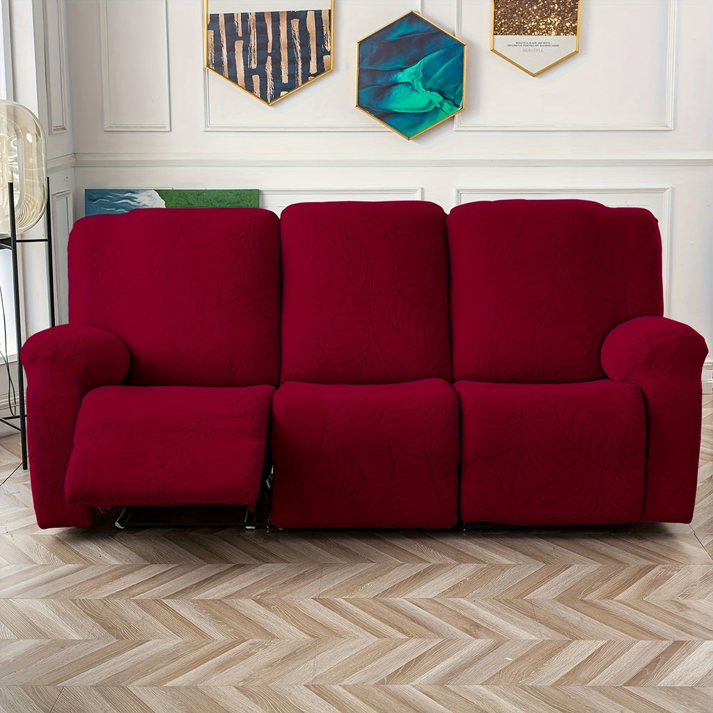Jacquard Stretch Recliner Sofa Cover – Big Leaves Pattern, 1/2/3 Seater & Loveseat with Console, Winter Insulation Soft Washable, 6 Colors
