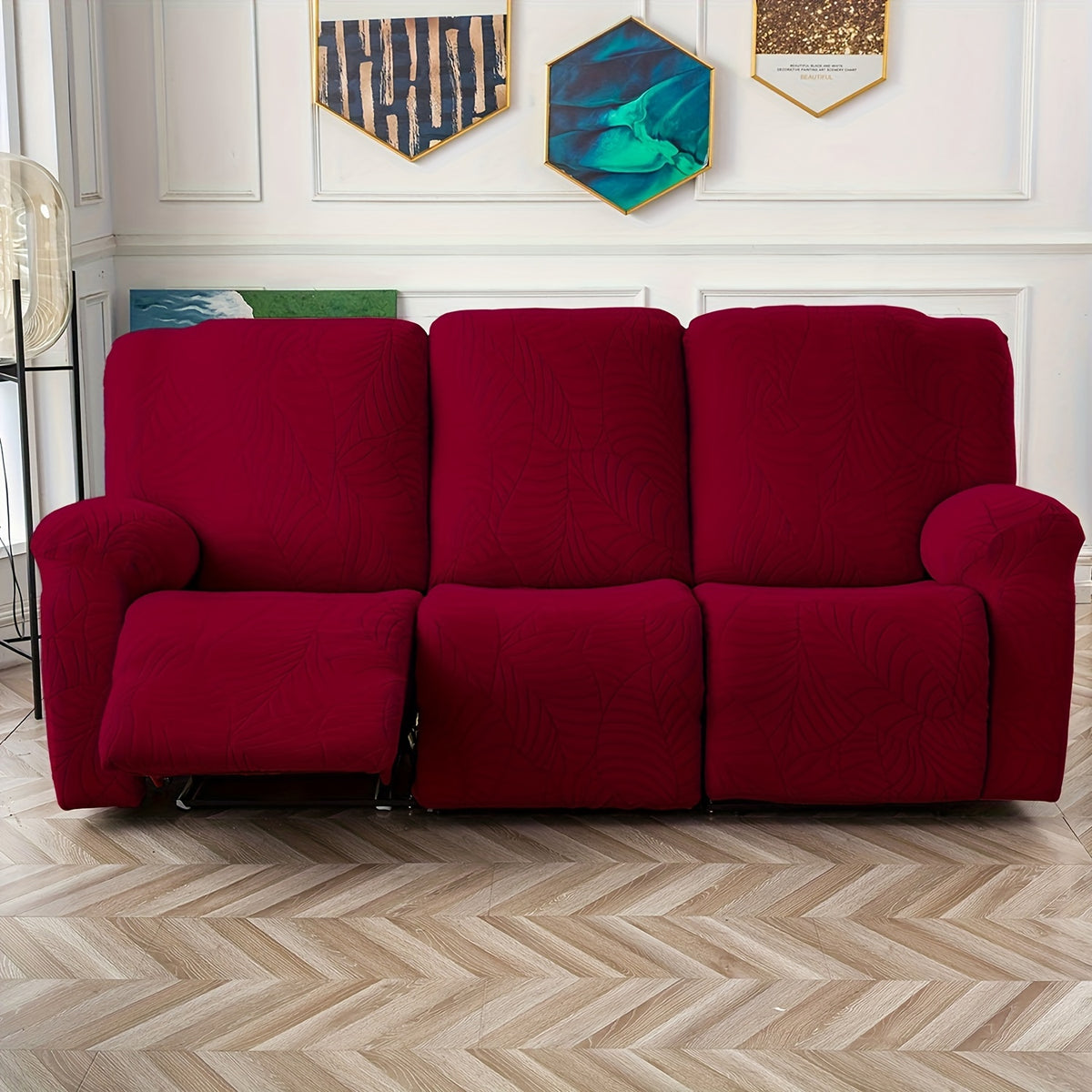 Jacquard Stretch Recliner Sofa Cover – Big Leaves Pattern, 1/2/3 Seater & Loveseat with Console, Winter Insulation Soft Washable, 6 Colors