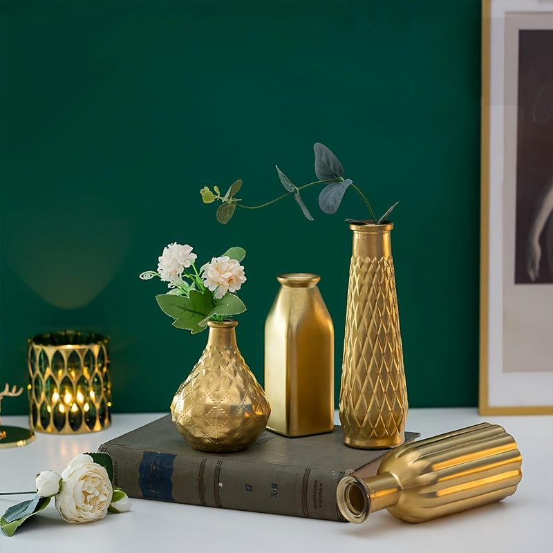 Gold Glass Vase Cylindrical Art Deco Style | Golden Electroplating Finish Flower Vase for Living Room Kitchen Bedroom, Table Centerpiece, Halloween Christmas Home Decor