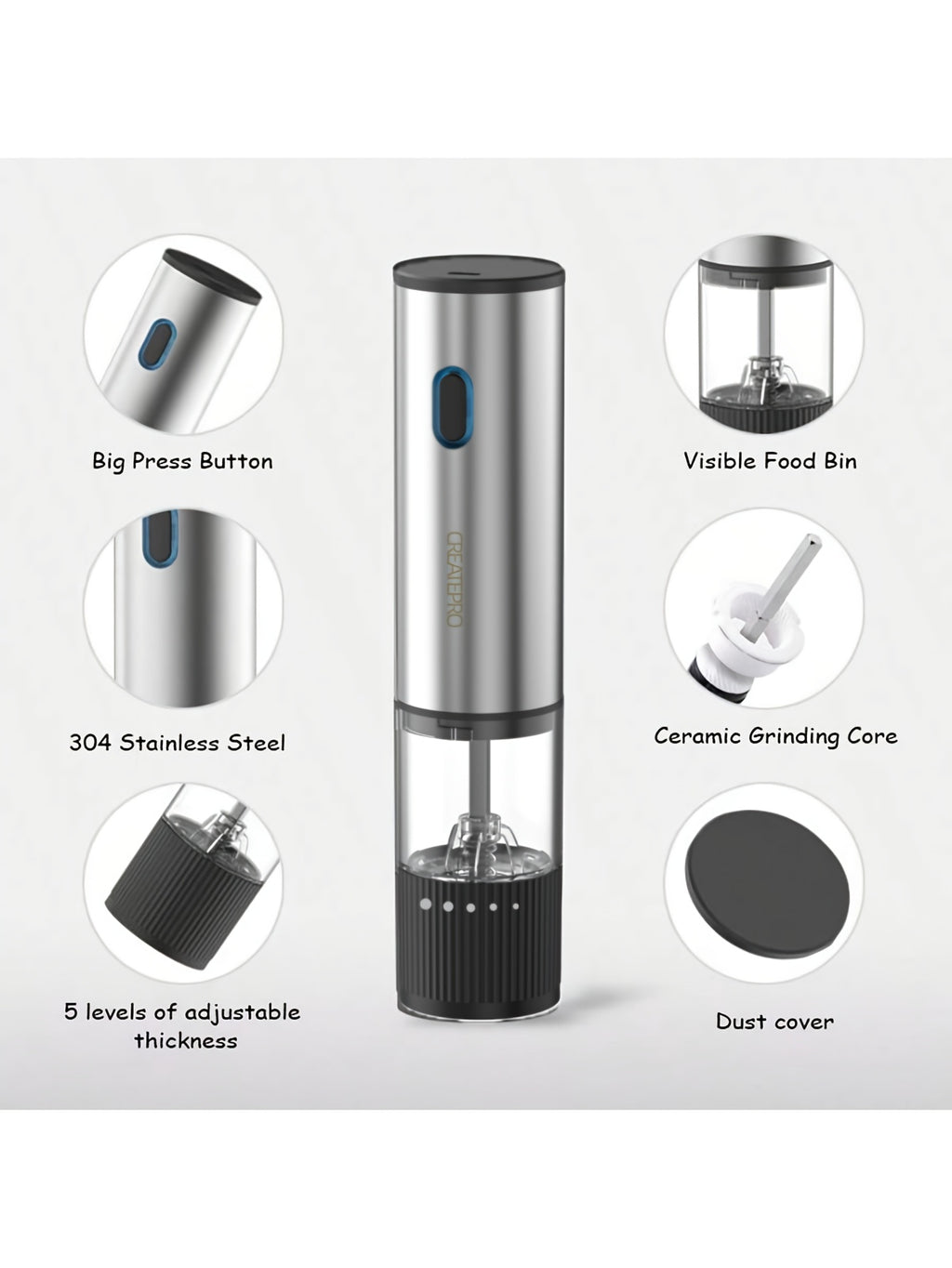 Electric Salt and Pepper Grinder Rechargeable USB – Adjustable Coarseness Automatic Pepper Mill, Stainless Steel with Lithium Battery for Home Kitchen, BBQ & Dining Table, 1pc or 2pcs Set