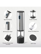 Electric Salt and Pepper Grinder Rechargeable USB – Adjustable Coarseness Automatic Pepper Mill, Stainless Steel with Lithium Battery for Home Kitchen, BBQ & Dining Table, 1pc or 2pcs Set