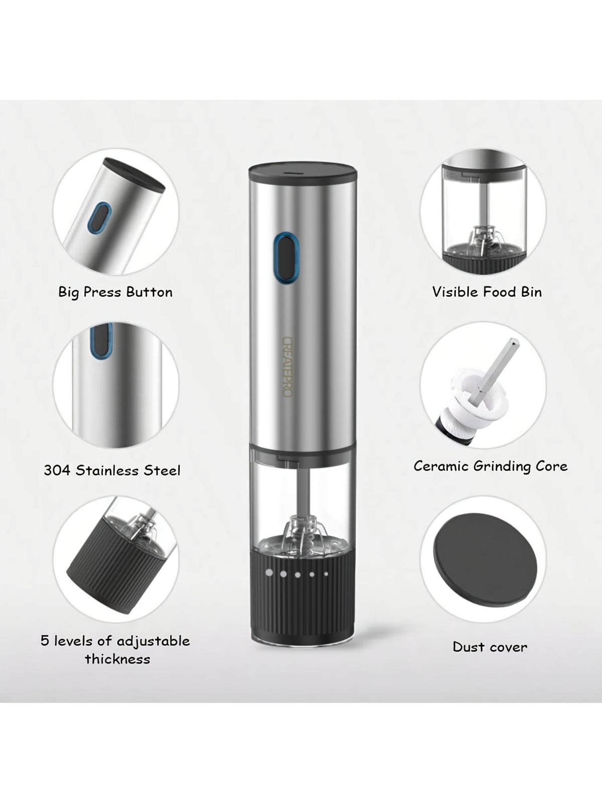 Electric Salt and Pepper Grinder Rechargeable USB – Adjustable Coarseness Automatic Pepper Mill, Stainless Steel with Lithium Battery for Home Kitchen, BBQ & Dining Table, 1pc or 2pcs Set
