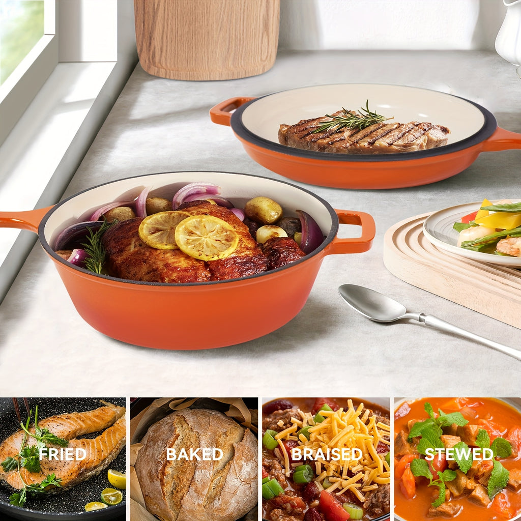 2-in-1 Enameled Cast Iron Dutch Oven Set – 3QT Pot + 1.5QT Skillet Lid, 3 Colors, Indoor Outdoor Frying Baking Stewing Grilling
