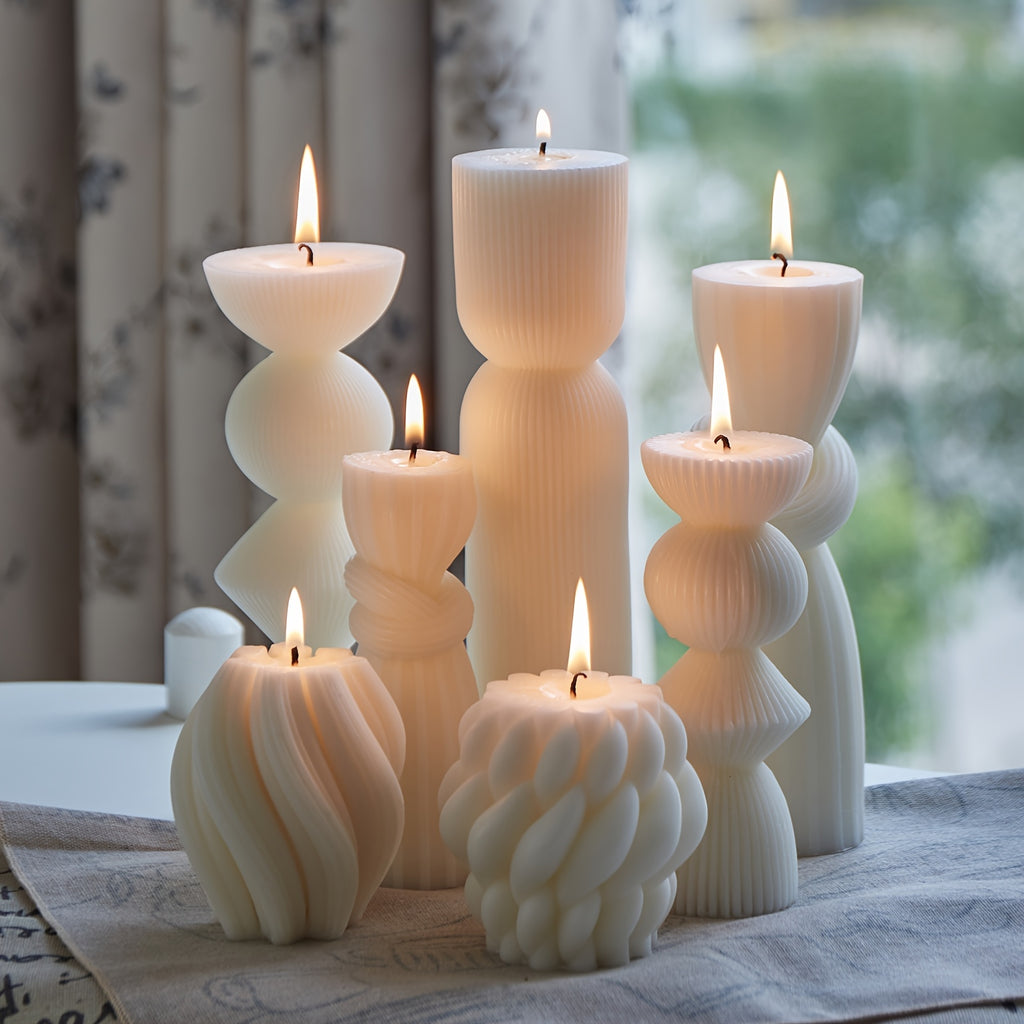 7-Pack Large Ribbed Soy Wax Pillar Candles – Handmade Home Decor Candles for Housewarming Gift, Shelf Decor, Wedding & Dining Table Centerpiece, White, Blue, Black, Orange