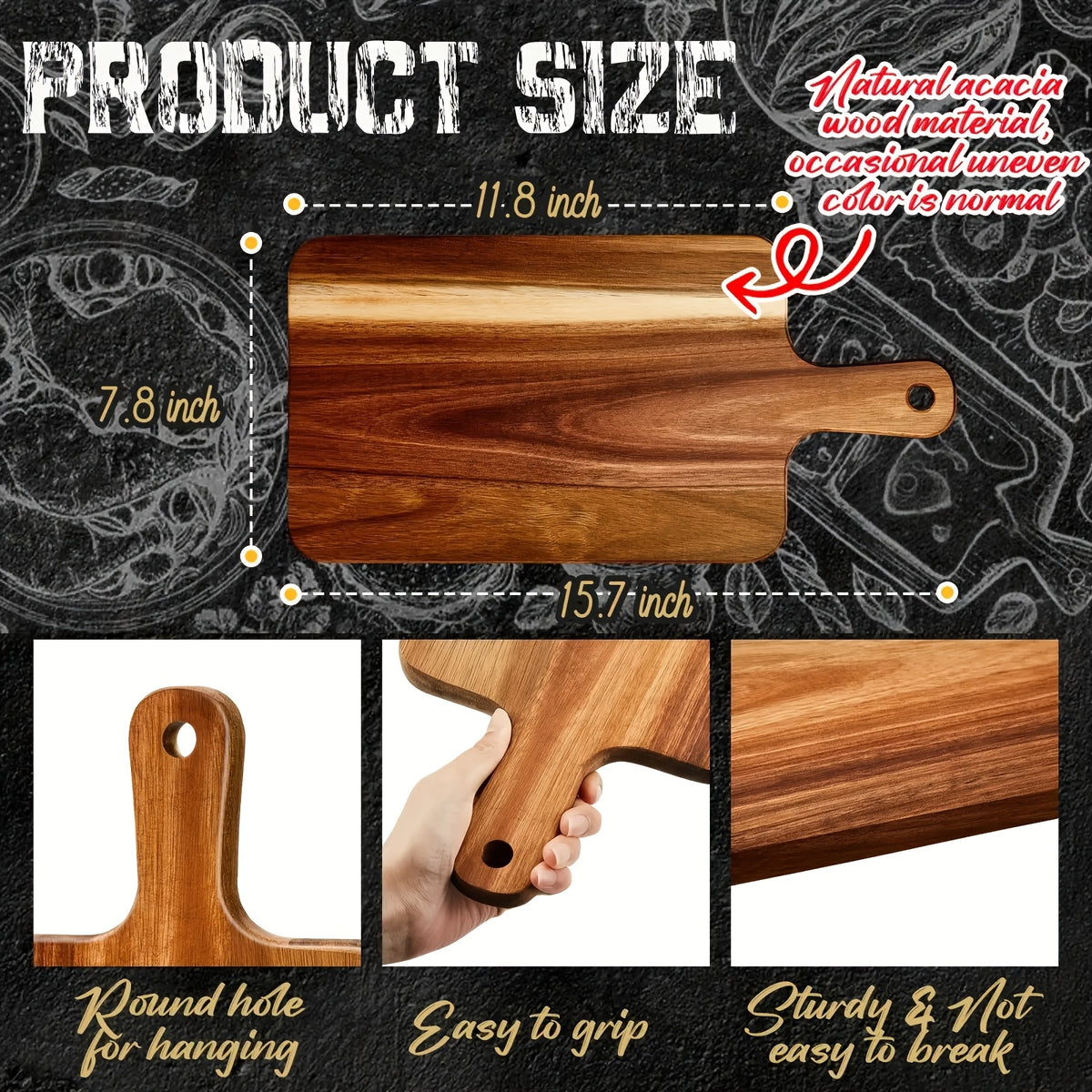 5 or 10-Pack Wood Cutting Boards with Handle – 15.7" x 7.8" Bamboo or Acacia Chopping Boards for Vegetables, Meat & Cheese – Durable Kitchen Food Prep Boards for Home Chefs