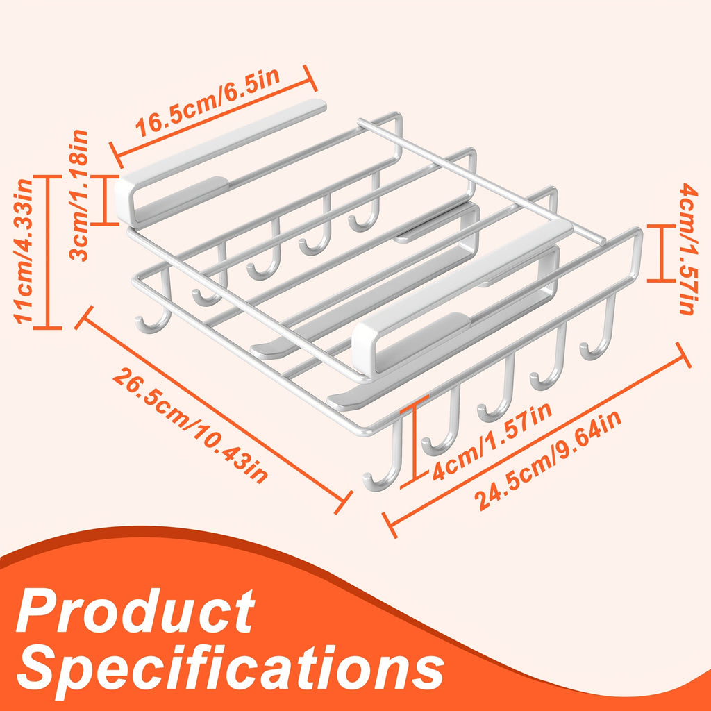 Under Cabinet Organizer Rack with Double Row Hooks Heavy Duty Carbon Steel Kitchen Shelf for Utensils Towels Cups Cutting Boards – No-Drill Easy Install