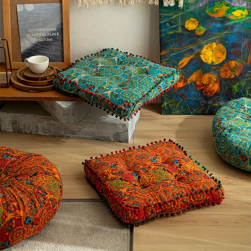 Moroccan Boho Chair Cushion Seat Pad with Removable Cover & Fiberfill – Bohemian Floor Cushion for Indoor Outdoor Chairs, Benches, Living Room, Bedroom, Patio, Hand Washable Decorative Home Decor