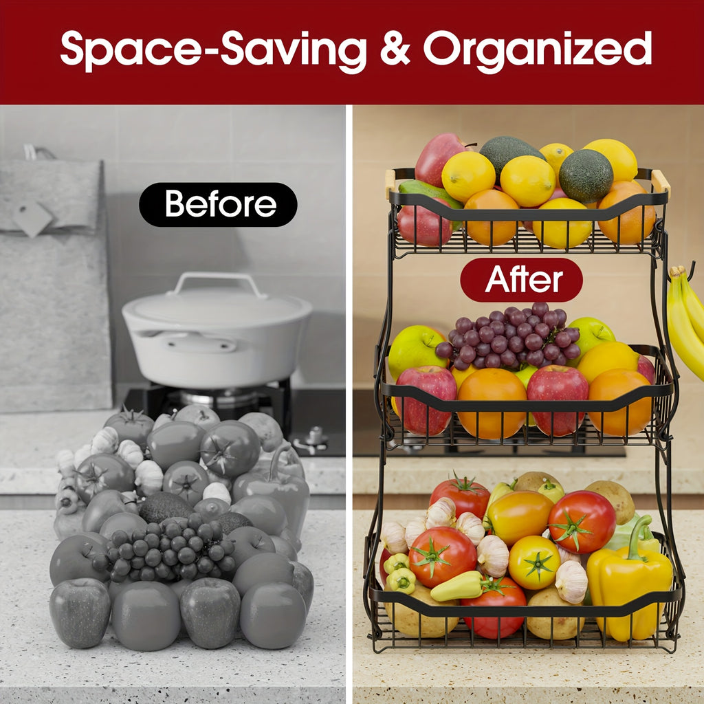 Tiered Metal Fruit Basket with Banana Hook & Wooden Handle – 2 & 3 Tier Countertop Produce Organizer for Kitchen | Removable Tiers | Bread, Vegetable & Fruit Storage