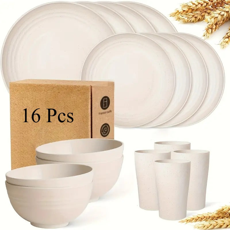 16 or 32pcs Wheat Straw Dinnerware Set Plates and Bowls Microwave Dishwasher Safe Durable Plastic Tableware for 8 – Party Gifts Multiple Colors