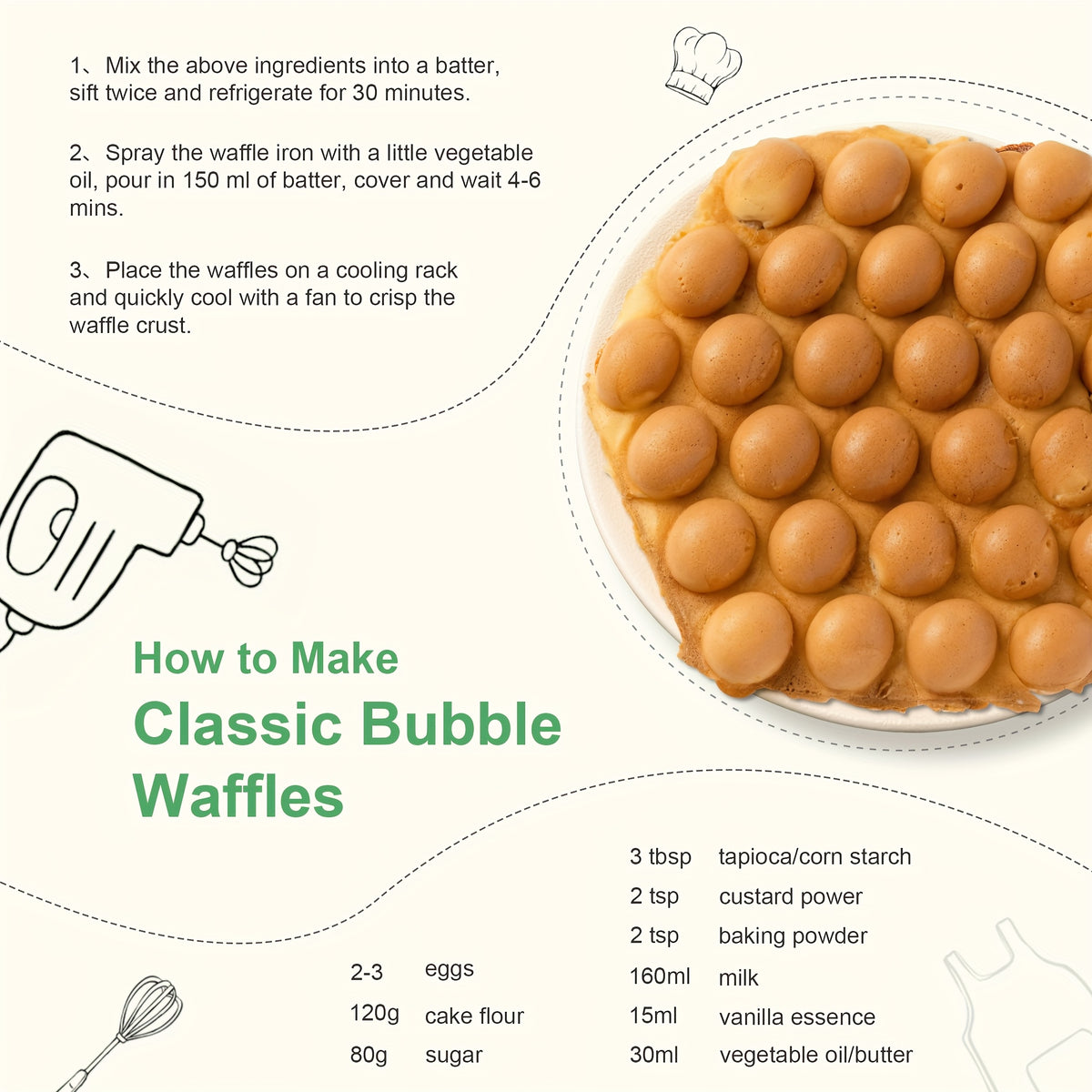 Bubble Waffle Maker 7-Inch 1000W | Hong Kong Egg Waffle Electric Grill with Nonstick Coating | Ready in 5 Mins for Breakfast, Desserts & Ice Cream Cones | Christmas Gift Idea