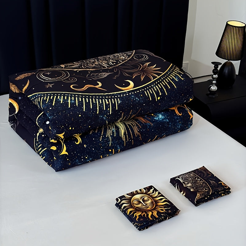 Sun Moon Planet Quilt Set 3 Piece – Golden Celestial Digital Print 180GSM Comforter with 2 Pillowcases, Soft Breathable Bedroom Dorm Decor Bedding King Size