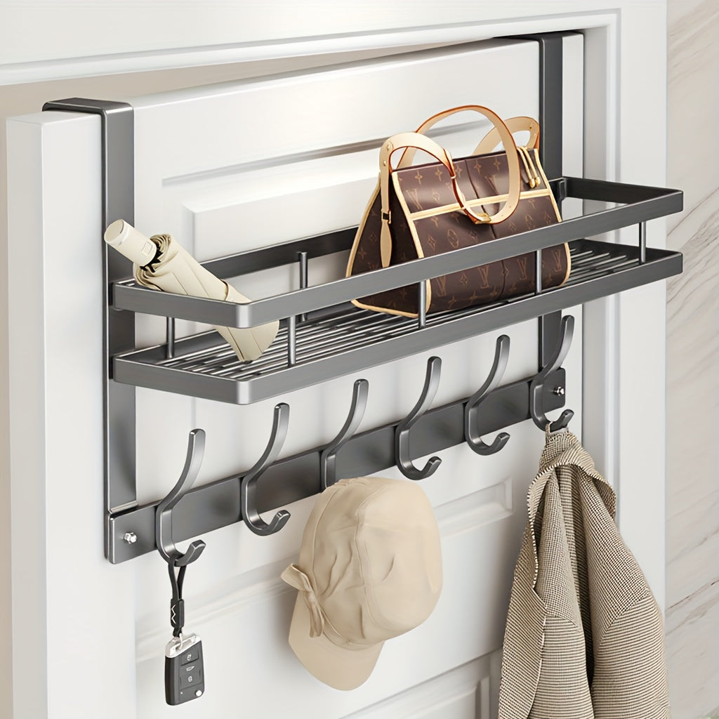 Over Door Hook Rack 2-Tier 5 or 6 Hooks Rustproof Metal – Space-Saving No-Damage Hanger for Clothes, Coats, Hats & Handbags, Gray