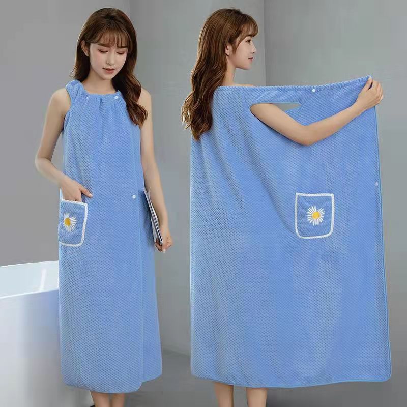 Women's Wearable Pocket Towel Skirt – Non-Slip Bath Wrap Robe with Sunflower Pattern | 4 Colors | Easy Wear for Bathroom & Daily Use