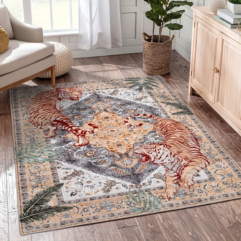 Tiger Jungle Area Rug – Washable Non-Slip Indoor Carpet for Living Room, Bedroom & Home Office | Red, Green, Beige | 5x7 to 9x12 ft | Nuvia Haven