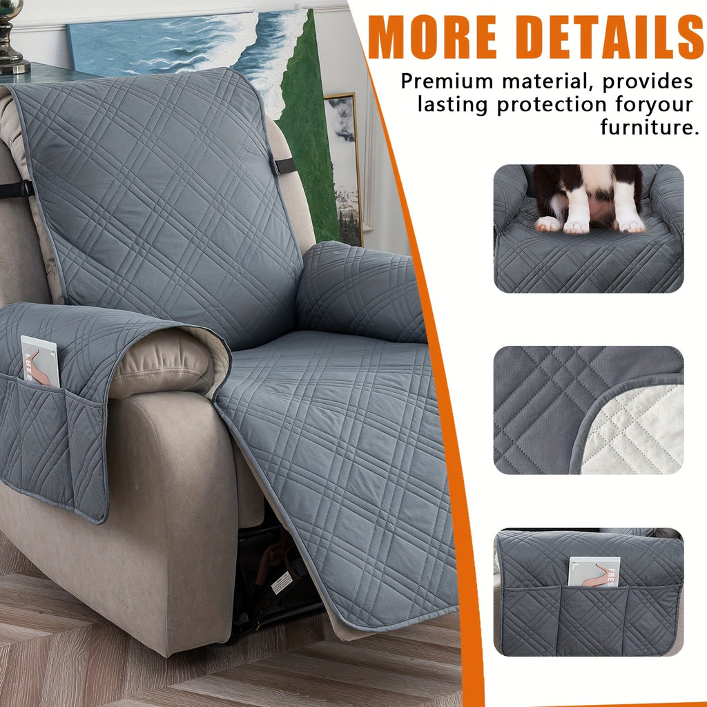 Waterproof Recliner Cover Pet Scratch-Resistant, 5-Layer Quilted Non-Slip Recliner Chair Slipcover with Pocket & Elastic Straps, Easy-Care Polyester Furniture Protector for Living Room, Bedroom & Office, Coffee/Gray