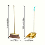 Premium Golden Stainless Steel Broom with Microfiber Bristles & 15° Angled V-Edge Dustpan – Floor-Safe, Hair-Trapping, Rubberized Bumper for Indoor & Outdoor Sweeping | Broom Only or Set