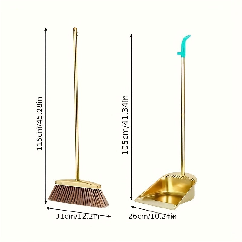 Premium Golden Stainless Steel Broom with Microfiber Bristles & 15° Angled V-Edge Dustpan – Floor-Safe, Hair-Trapping, Rubberized Bumper for Indoor & Outdoor Sweeping | Broom Only or Set