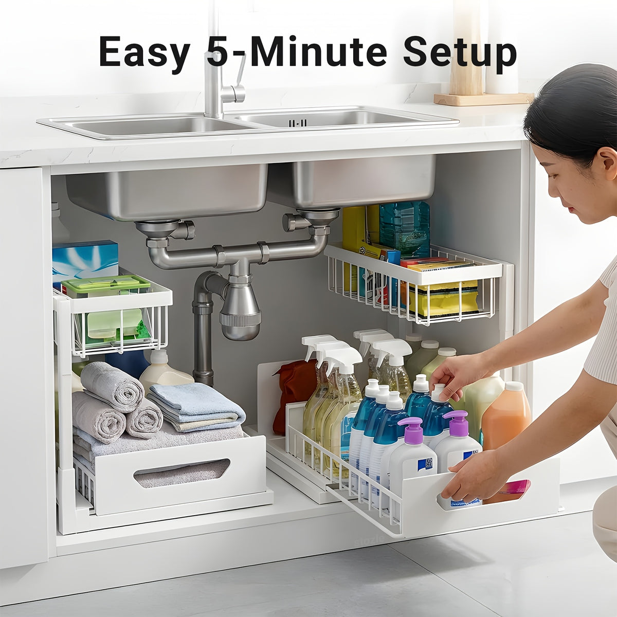 Under Sink Organizer 2-Pack 2-Tier Slide-Out Pull-Out Cabinet Shelf - Heavy Duty Carbon Steel with Adjustable Compartments for Kitchen, Bathroom, Pantry & Closet Organization
