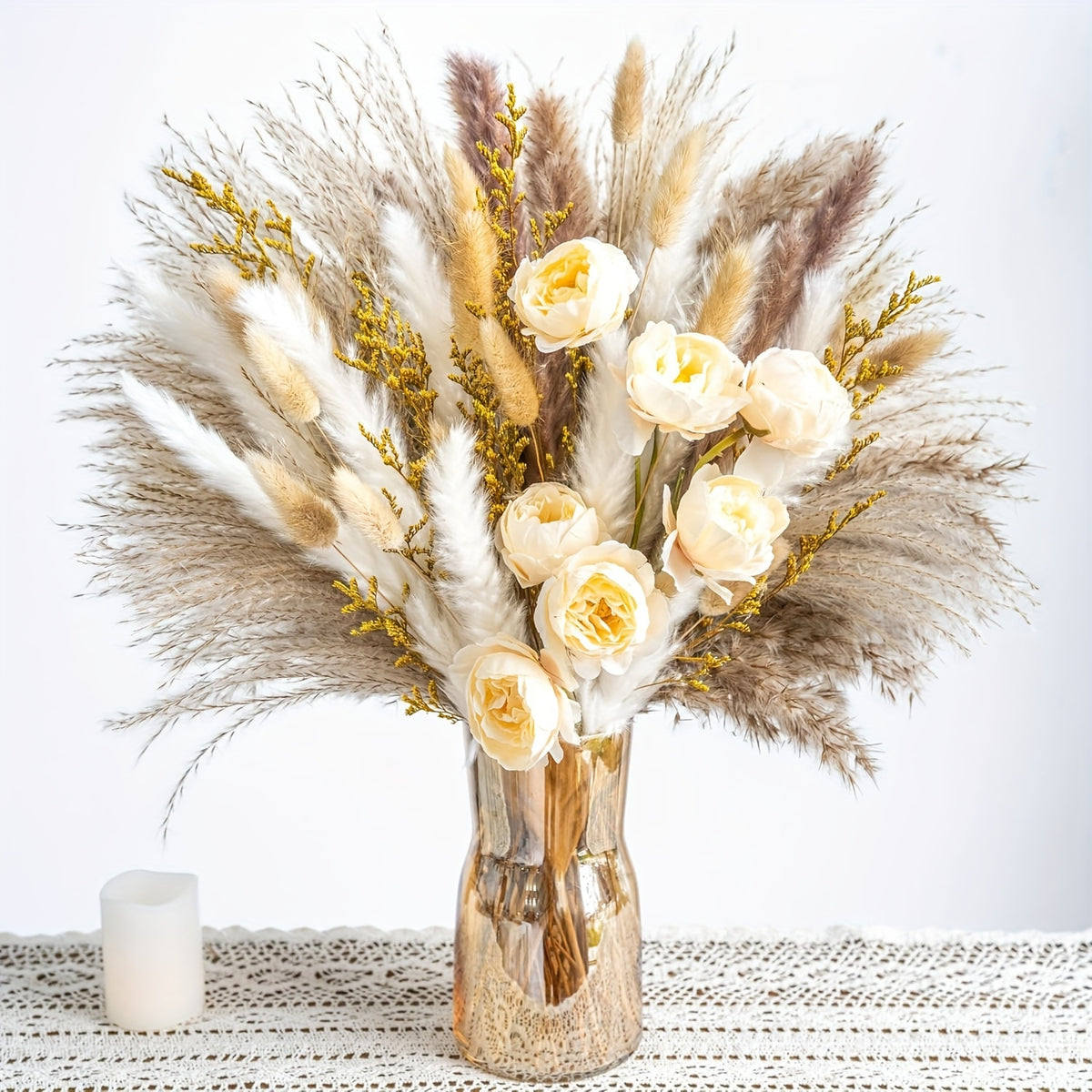 Dried Pampas Grass Bouquet with Artificial White & Beige Roses – 51 or 91 Piece Large Boho Floral Arrangement for Wedding, Home & Farmhouse Centerpiece, Rustic Table Decor (No Vase Included)