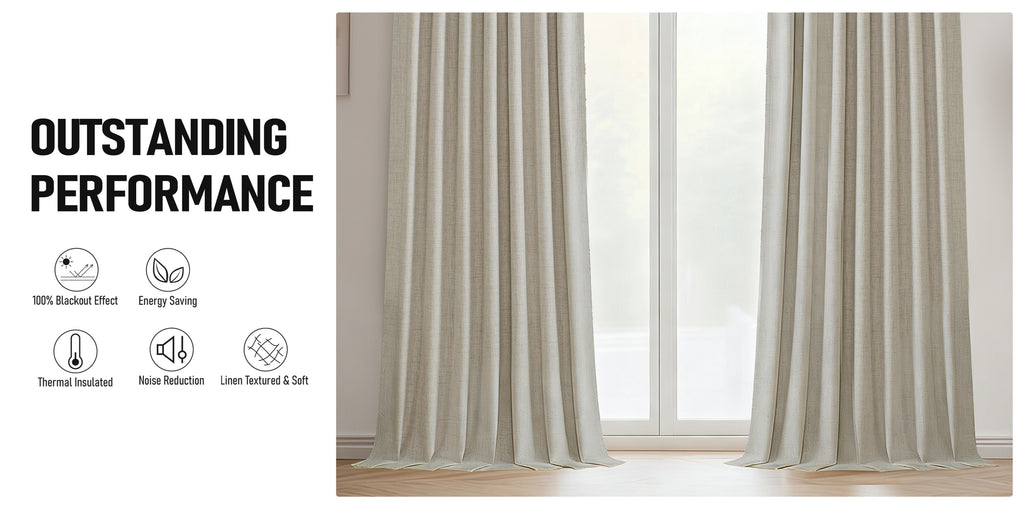 Faux Linen Blackout Curtains 2 Panels for Bedroom & Living Room – 100% Blackout, Back Tab & Rod Pocket, Thermal Insulated Farmhouse Drapes