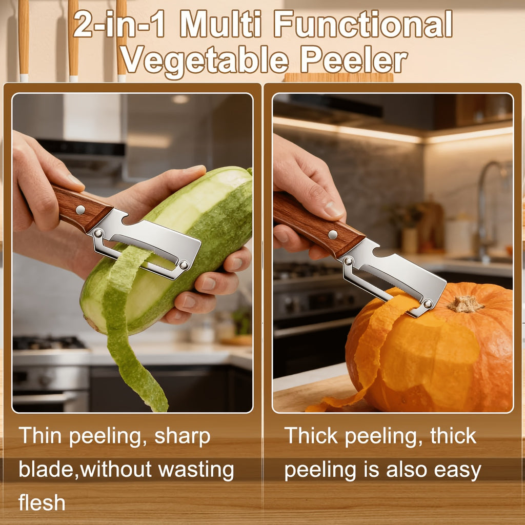 Vegetable Peeler and Slicer Set Stainless Steel with Wooden Handle – 2-Piece Kitchen Gadget with Scallion Cutter, Straight Blade & Built-In Bottle Opener