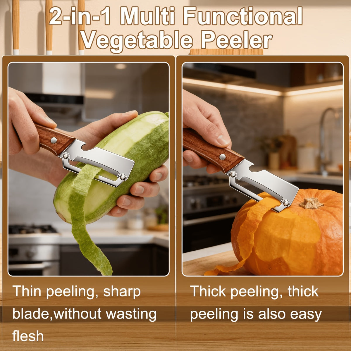 Vegetable Peeler and Slicer Set Stainless Steel with Wooden Handle – 2-Piece Kitchen Gadget with Scallion Cutter, Straight Blade & Built-In Bottle Opener