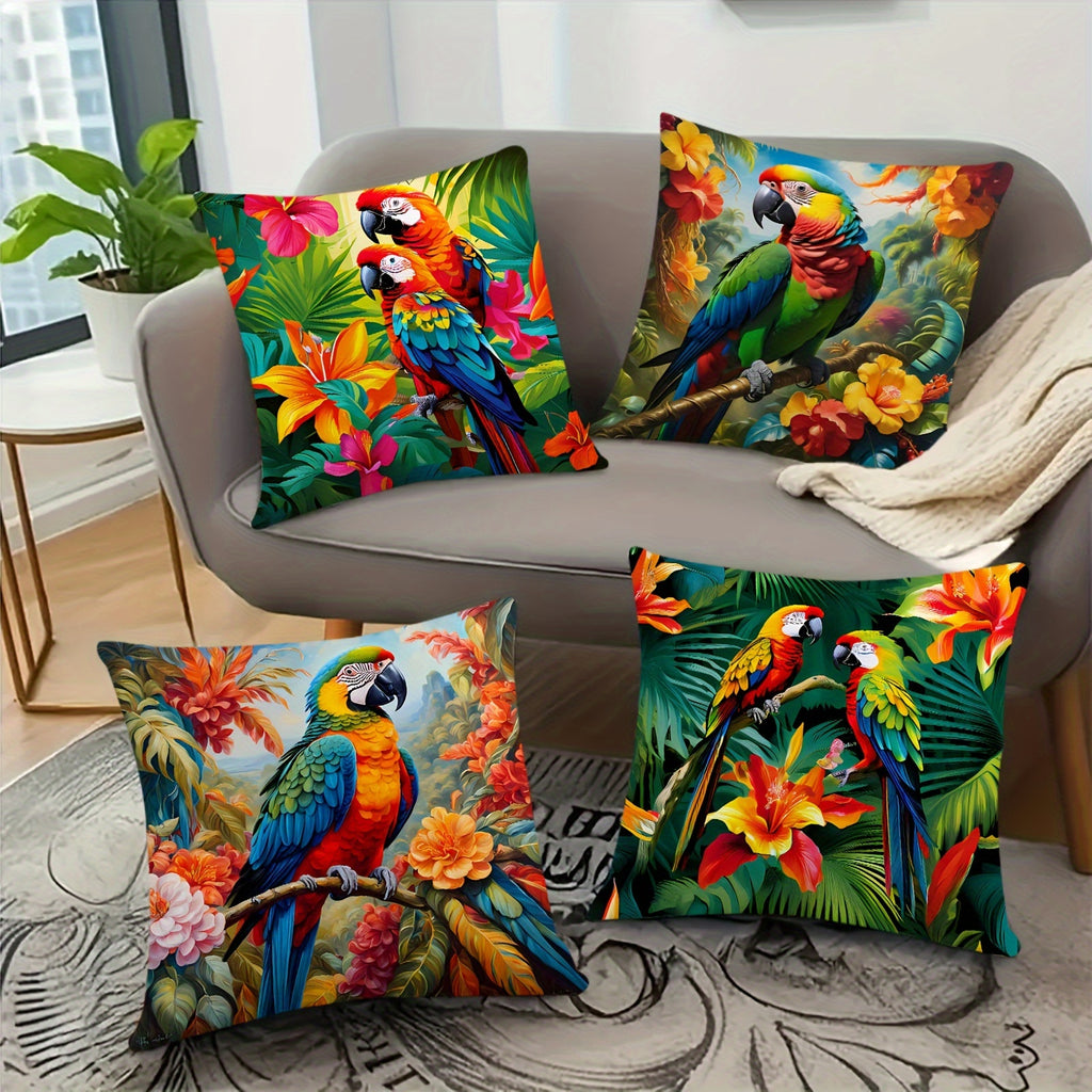 Tropical Parrot Floral Throw Pillow Covers 4 Pack 18x18 Inch Vibrant Botanical Print Zipper Soft Polyester Machine Washable for Bedroom Living Room Office
