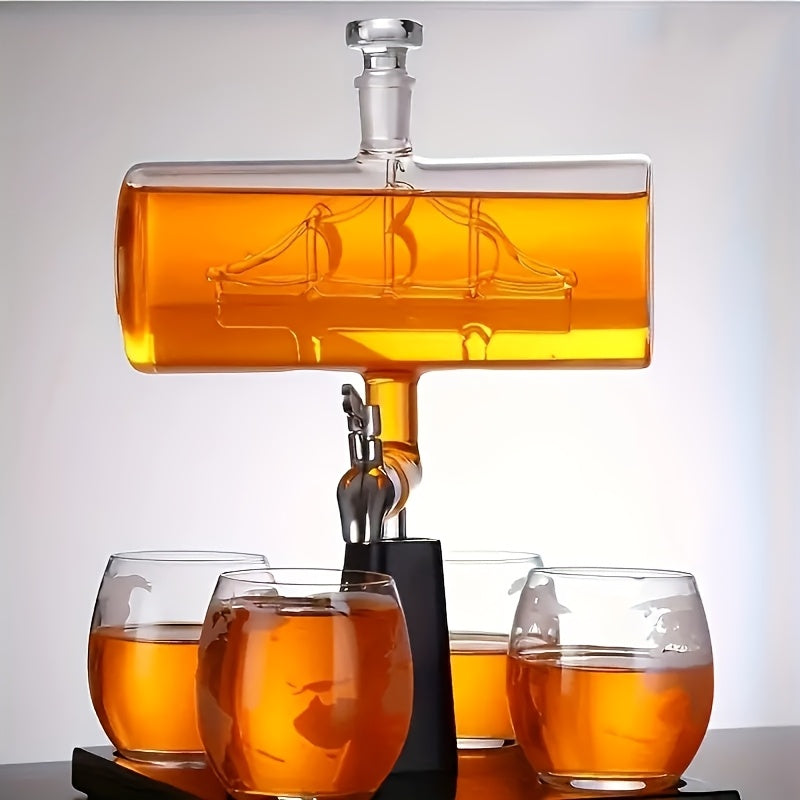 Glass Liquor Decanter Set with 4 Spherical Cups 1000ml Bar Whiskey Wine Pourer Dispenser Gift for Men